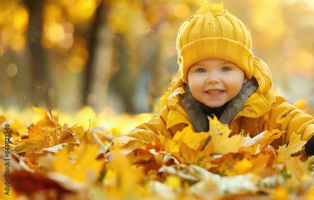 A child with a radiant smile playing with autumn leaves in a park, golden foliage all around A child with a radiant smile playing with autumn leaves in a park, golden foliage all around