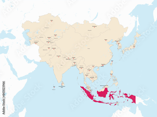 Highlighted red map of INDONESIA inside light red detailed political map of Asia using orthographic projection on white and blue background