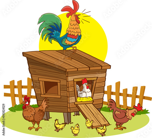 Chicken farm illustration with cock, hen, wooden perch, eggs, green bush and grass. Poultry organic farming background with chicken, rooster in cartoon flat style. Kids nature vector illustration
