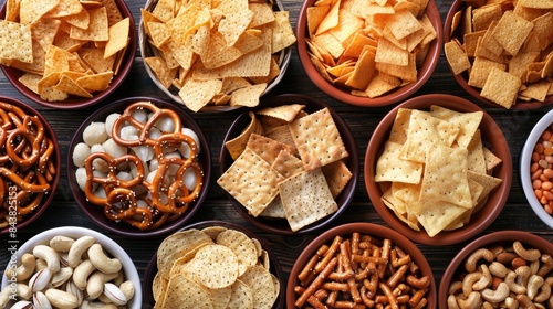 Assorted snacks pretzels crackers chips nuts and nachos photo