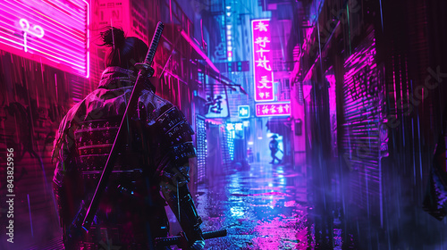 cyberpunk samurai walking through a neon alley, futuristic urban setting, vibrant colors, rain photo