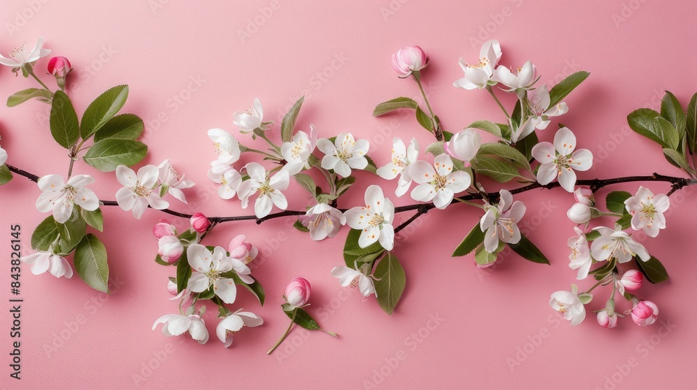 Apple blossom decorations on a pink background Apple blossom decorations on a pink background