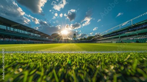 A panoramic shot of a picturesque grass court at Wimbledon bathed in afternoon sunlight.