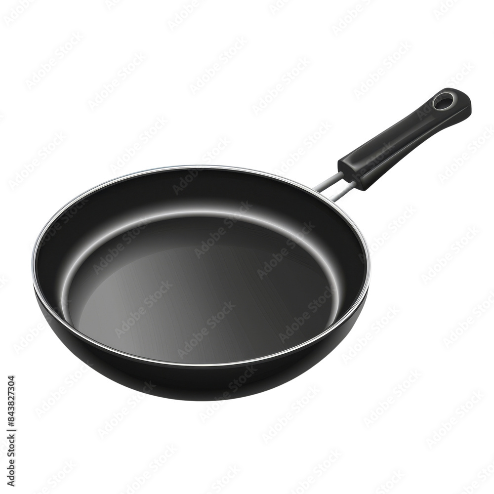 A black frying pan with a black handle, isolated on a white background. A black frying pan with a black handle, isolated on a white background.