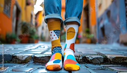 Colorful Mismatched Socks on Cobblestone Street with Vibrant Background in Urban Setting