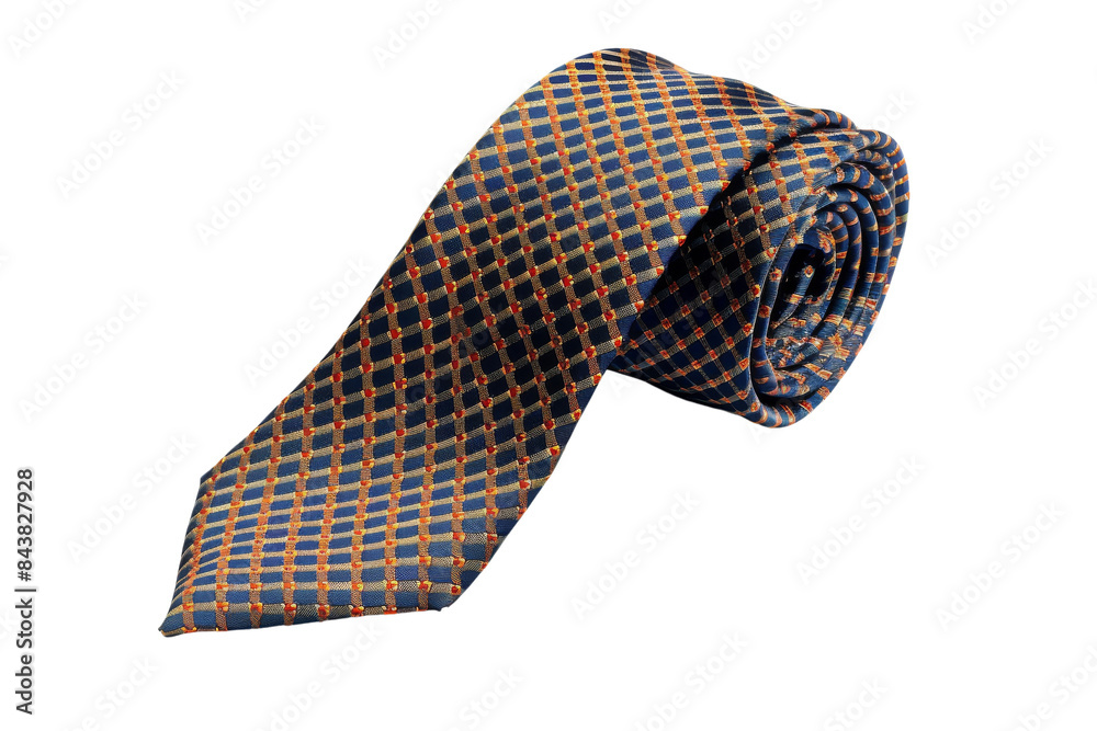A blue and orange patterned tie with a geometric design, rolled up and isolated on a black background. A blue and orange patterned tie with a geometric design, rolled up and isolated on a black background.