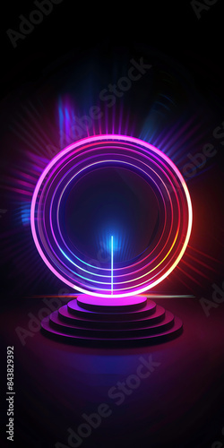 Futuristic glowing neon circle portal with vibrant purple and yellow light beams on dark background, representing technology and sci-fi concept.