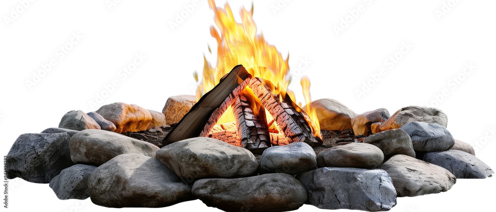 A campfire with flames burning brightly surrounded by rocks. A campfire with flames burning brightly surrounded by rocks.