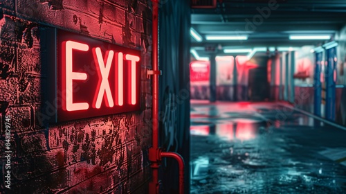 Neon Exit Sign in Urban Alleyway with Red and Blue Lighting, Industrial Setting, Nighttime Scene, Moody Atmosphere, Modern Cityscape, Urban Exploration, High Contrast, Vibrant Colors, Grungy Aesthetic