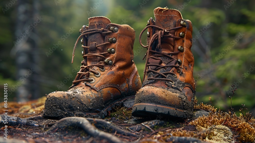 Worn Leather Hiking Boots on Forest Floor with Moss and Roots, Capturing the Essence of Outdoor Adventure and Nature Exploration in a Woodland Setting Worn Leather Hiking Boots on Forest Floor with Moss and Roots, Capturing the Essence of Outdoor Adventure and Nature Exploration in a Woodland Setting