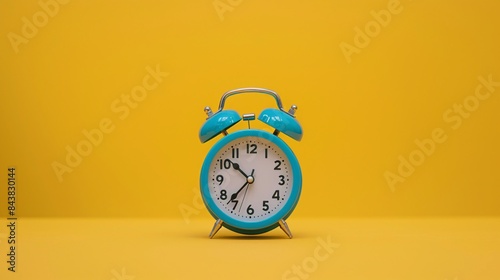 Blue Alarm Clock on Yellow Background.
