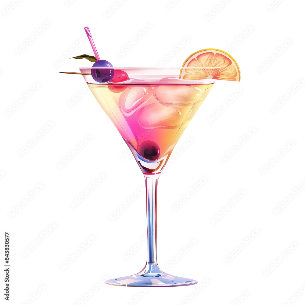 A classic martini cocktail with a lemon twist and an olive garnish.  The drink is served in a chilled martini glass.