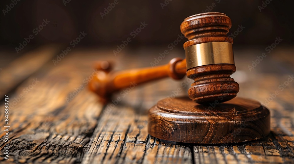 Wooden Judge's Gavel on Rustic Wooden Table - Symbol of Justice, Law, and Legal Proceedings in Courtroom Setting Wooden Judge's Gavel on Rustic Wooden Table - Symbol of Justice, Law, and Legal Proceedings in Courtroom Setting