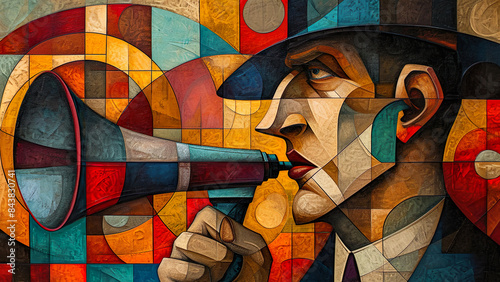 The Director - Man With Megaphone, Cubist Art Work, Speaker painting, Man Speaking, Vintage Painting