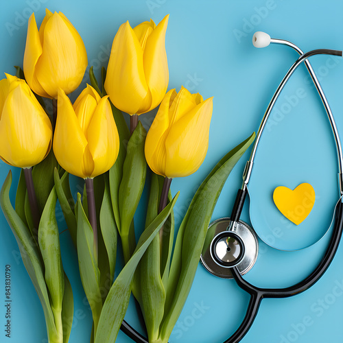 Bunch of yellow tulips with stethoscope and heart on the sky blue background 