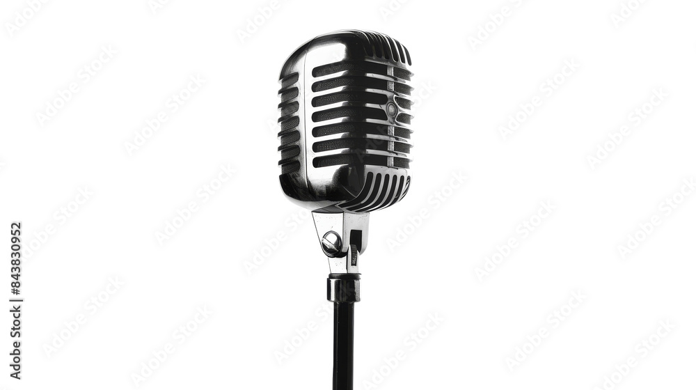 Fototapeta premium A classic vintage microphone with a chrome finish, isolated on a black background. Perfect for music, entertainment, and retro themes.