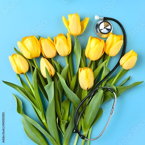 Bunch of yellow tulips with stethoscope and heart on the sky blue background 