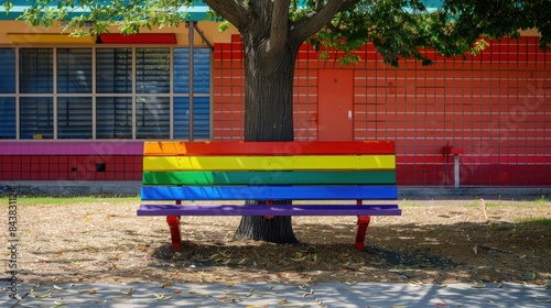 A bench painted in rainbow colors stands under a tree in a school playground