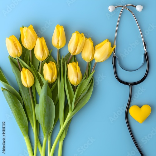 Bunch of yellow tulips with stethoscope and heart on the sky blue background 