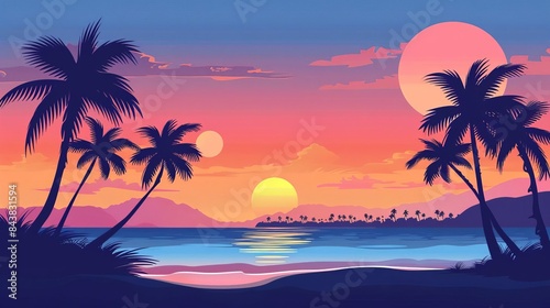 A beautiful sunset over the ocean. The palm trees are silhouetted against the sky. The water is calm and still. The sky is a gradient of orange, pink, and purple.