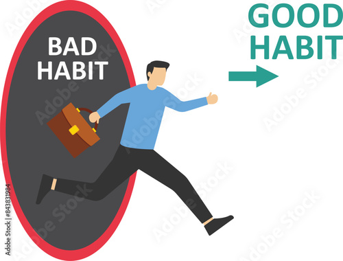 Businessman leave old habits zone to new habits way, bad Habits and good habits choice, Choose a new direction, make a choice concept

