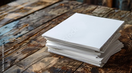 Stack of Blank White Paper Sheets on Rustic Wooden Table - Perfect for Office, Craft, and Artistic Projects