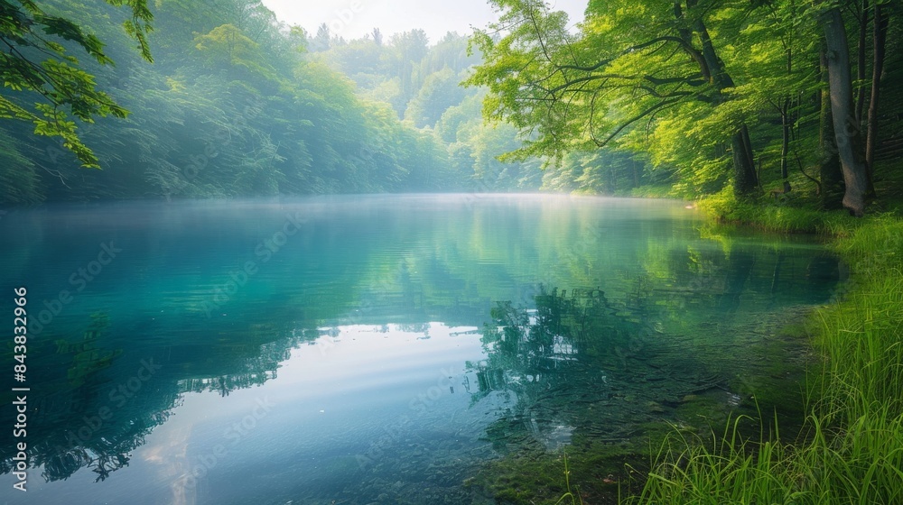 Fototapeta premium A serene landscape photo of a crystal-clear lake surrounded by lush greenery, perfect for a nature walk.