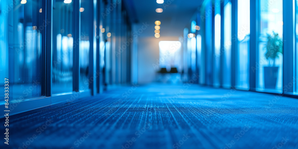Low-Angle View of Blue Office Hallway with Carpeted Floor