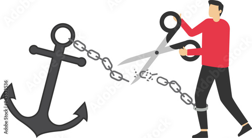 Freedom, relief or escape from bad habit, psychology anchoring effect or cut heavy burden to growing more concept, businessman cut chain himself with big heavy anchor.

