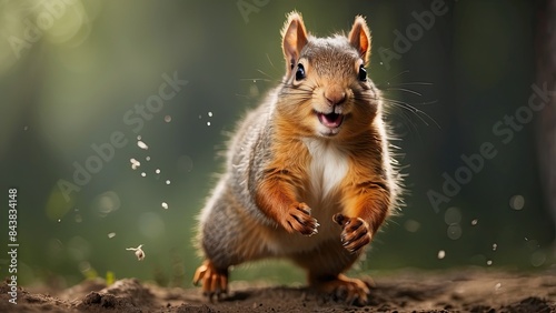 Happy squirrel jumping and having fun.