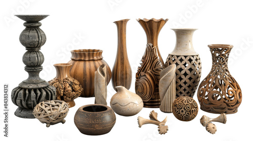 A collection of handcrafted wooden vases and decorative objects, showcasing intricate carvings and natural textures. photo