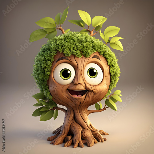 3D animated cartoon render of a smiling cartoon Cute Tree cartoon character 3D Rendered on White background.