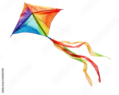 A colorful kite with a rainbow design and a long tail. The kite is flying high in the sky.