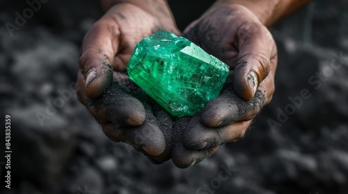 man's hands hold an emerald gemstone. mining of precious metals
