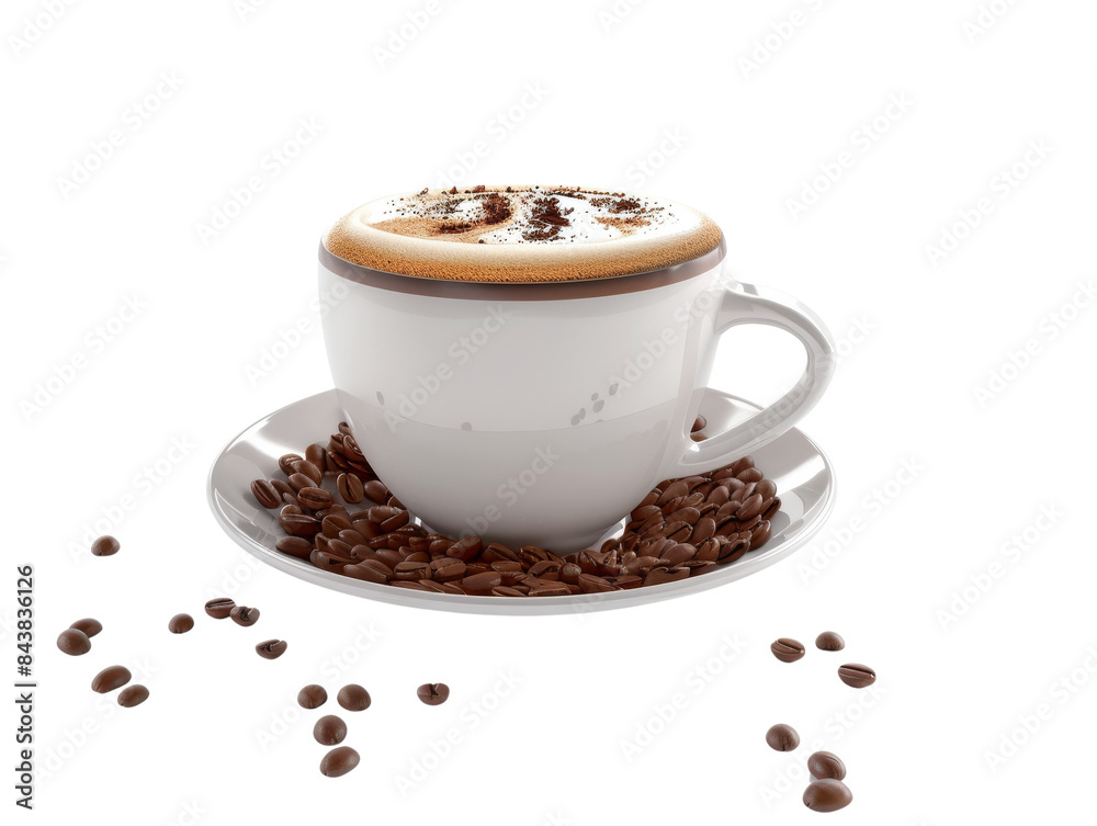 A cup of coffee with frothy milk and coffee beans scattered around it. A cup of coffee with frothy milk and coffee beans scattered around it.