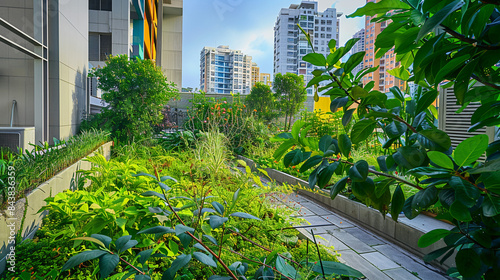 Lush, green rooftop garden with various plants and trees thrives amidst tall urban buildings. Sustainability © yevhen89