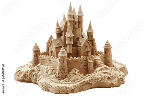 A detailed sandcastle with multiple towers and a winding pathway. The castle is set against a black background, highlighting its intricate details. © Pornarun