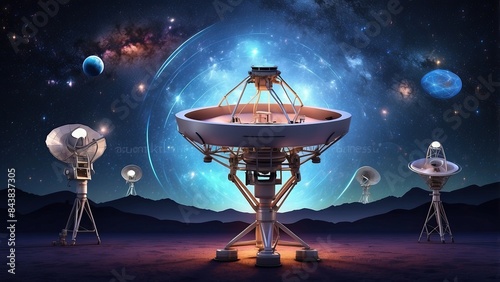 gathering A collection of radio telescopes illuminated by stars at night and accompanied by a holographic head unit serving as a large banner promoting space exploration, research, and future communic photo