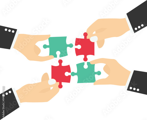 Business coordination skill, ability to work effectively with others, clear communication and adapting to changing circumstance concept, Businessman connecting jigsaw puzzles with many hands.

