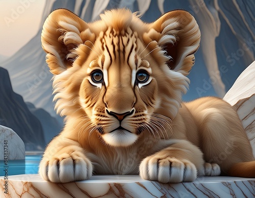 Artistic Representation of a lion cub with a marble background photo