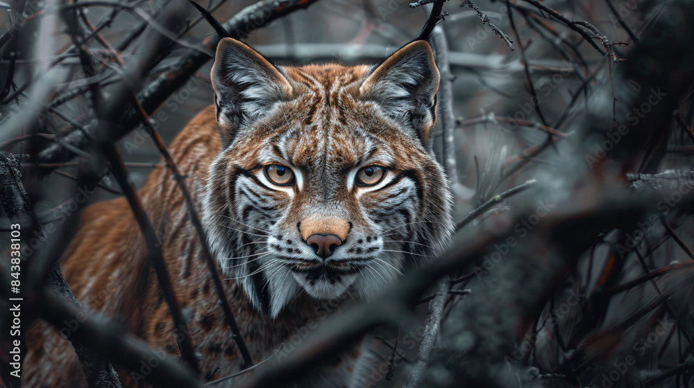 Majestic Lynx Gazing Through Dense Boreal Canopy Majestic Lynx Gazing Through Dense Boreal Canopy