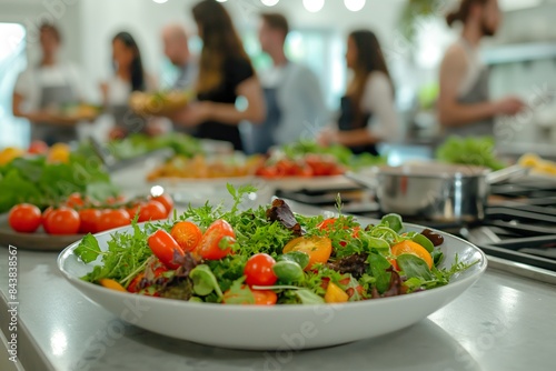 A close-up of a fresh garden salad with blurry background of people in a kitchen.