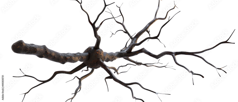 Obraz premium A gnarled, weathered tree branch with intricate detail, isolated on a black background.