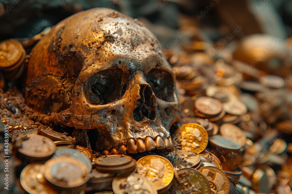 Treasure. Skull and gold coins. Finance Concept. Pirate's Treasure. Treasure. Skull and gold coins. Finance Concept. Pirate's Treasure.