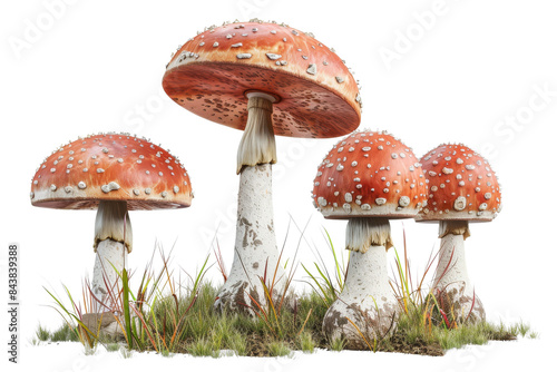 A group of four red and white spotted mushrooms growing in grass.