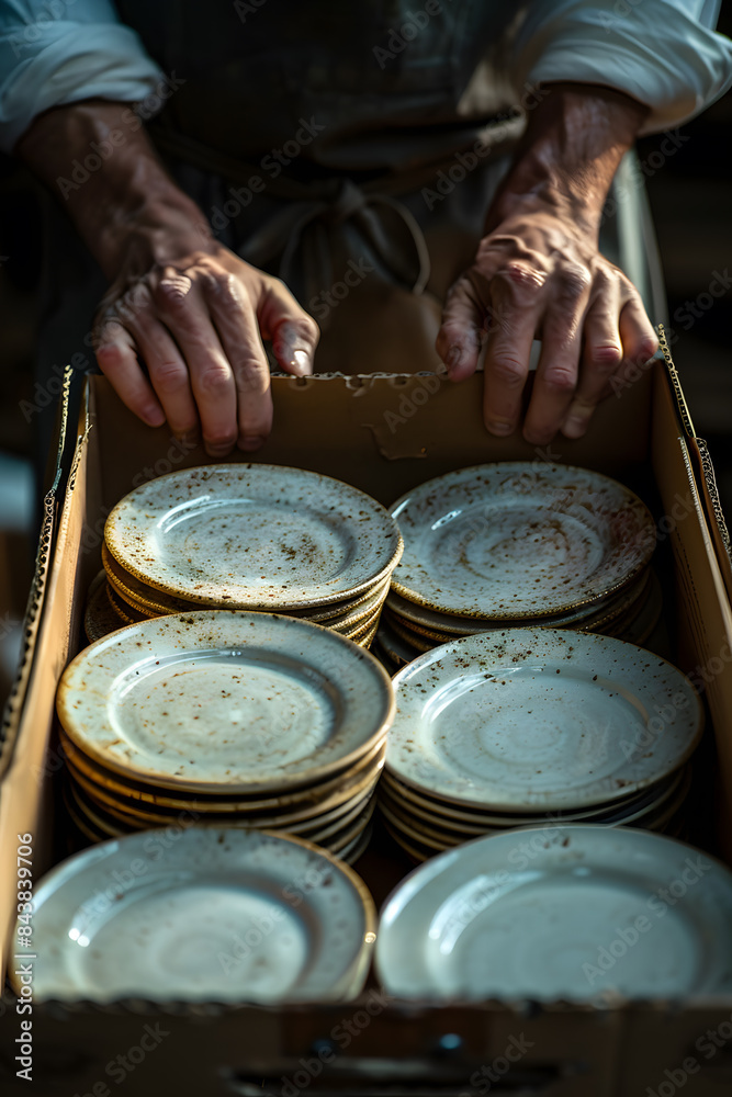Fototapeta premium the person arranging china dishes in kitchen cabinets