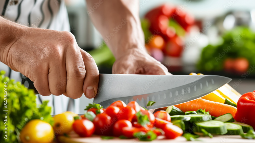 Chef slicing vegetables with a sharp knife in a professional kitchen