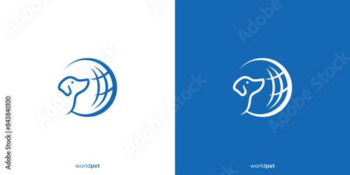 World Pet Logo Designs. Dog and World, Earth with Minimalist Style. Pet Care Logo, Icon, Symbol, Vector, Design Template.