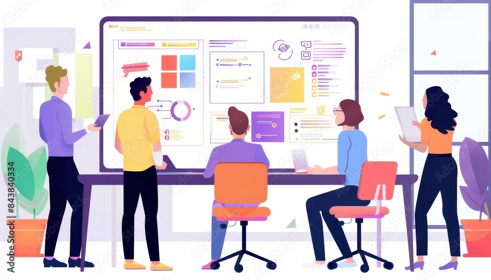 Team collaboration in modern office setting. Diverse professionals analyzing data on digital whiteboard during a brainstorming session. Team collaboration in modern office setting. Diverse professionals analyzing data on digital whiteboard during a brainstorming session.