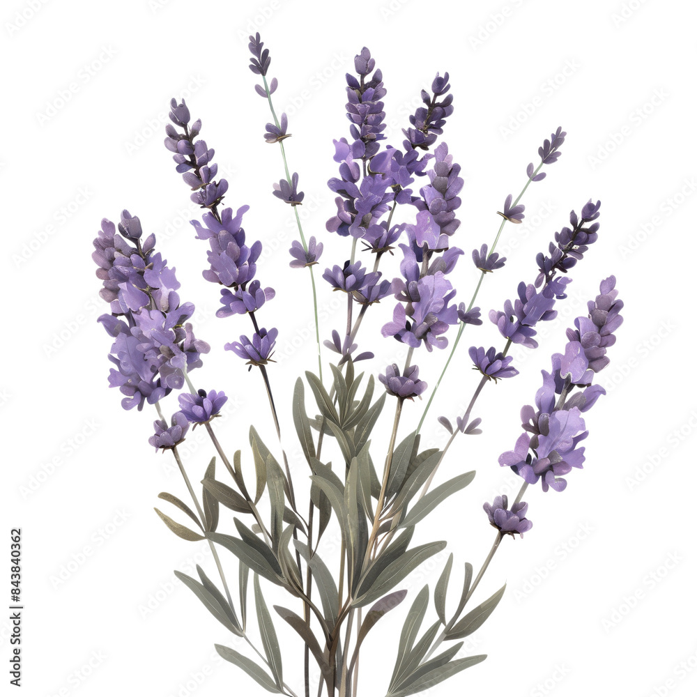 Obraz premium A lush bouquet of lavender flowers with vibrant purple blooms and green leaves.